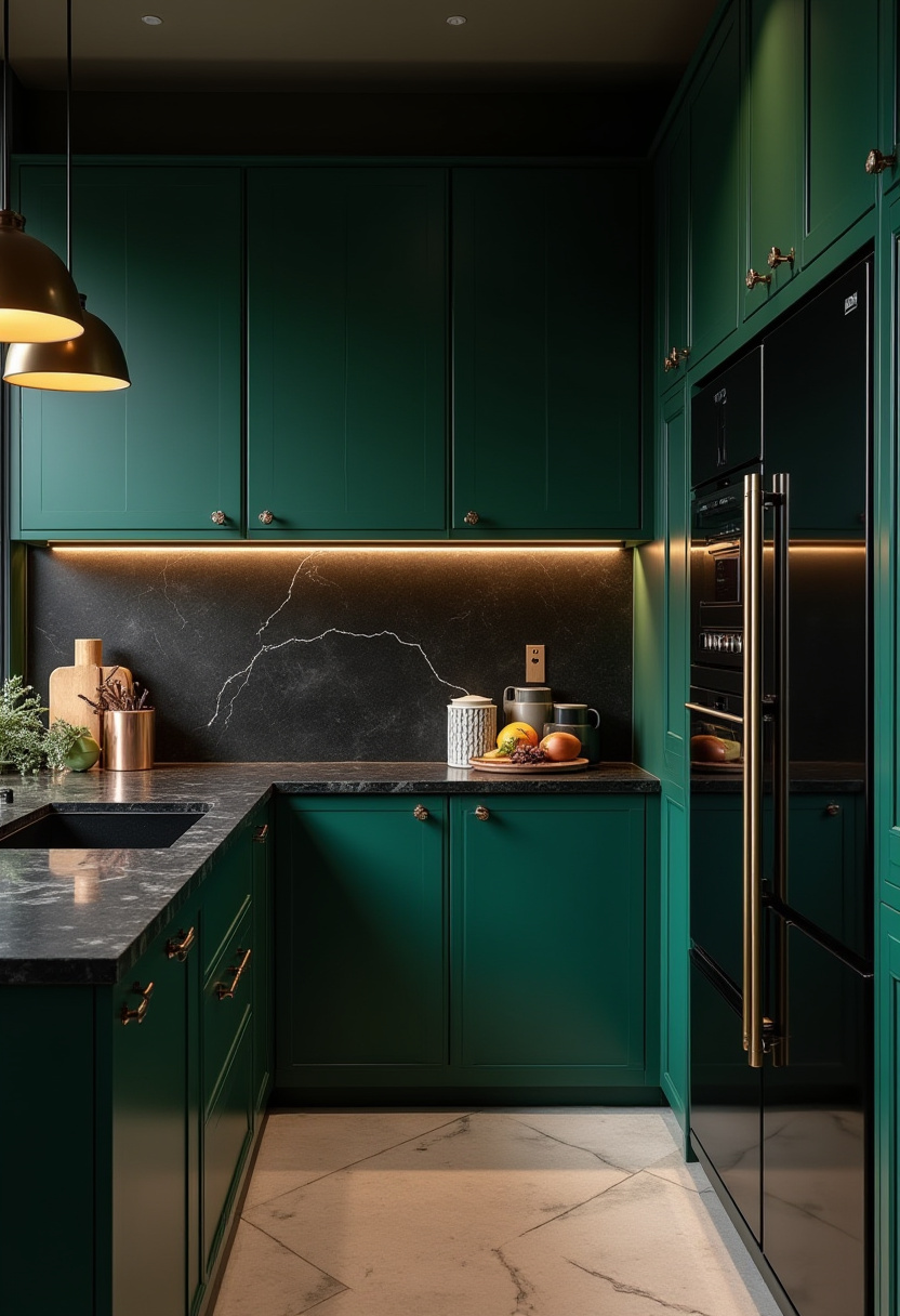 This elegant kitchen makes a bold statement with dark green cabinets, a striking black marble backsplash, and sleek stainless steel appliances, all beautifully highlighted by warm under-cabinet lighting. A bowl of fresh fruits adds a simple, inviting touch that softens the sophisticated look. Perfect for those who love modern elegance with a rich, moody palette. Save this pin for your luxury kitchen inspiration and follow for more elevated home design ideas!
#DarkGreenKitchen #ElegantKitchenDesign #BlackMarbleBacksplash #ModernKitchenInspo #StainlessSteelAppliances #LuxuryKitchenIdeas #UnderCabinetLighting #MoodyKitchenStyle #PinterestHomeDecor