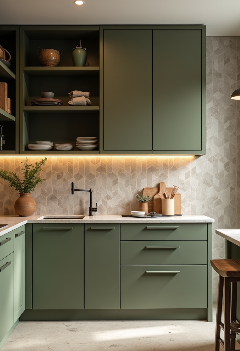 This modern kitchen exudes calm and warmth with muted green cabinets, soft under-cabinet lighting, and a beige geometric tile backsplash that adds subtle texture. Thoughtful details like a potted plant and wooden utensils bring a cozy, organic touch to the sleek design. Perfect for anyone looking to blend modern style with a welcoming, earthy vibe. Save this pin for your kitchen inspiration and follow for more cozy, contemporary home ideas!
#ModernKitchen #MutedGreenCabinets #GeometricBacksplash #UnderCabinetLighting #CozyKitchenStyle #KitchenDecorInspo #WarmModernKitchen #OrganicHomeDecor #PinterestKitchenIdeas