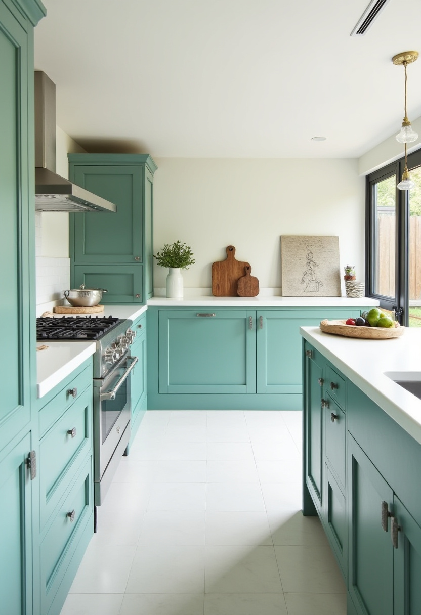 This bright kitchen features bold teal cabinets, crisp white countertops, and a sleek stainless steel oven — a perfect blend of color and modern style. Thoughtful accents like a wooden cutting board, a vase, and a fruit bowl add warmth and personality to the space. Ideal for anyone seeking vibrant kitchen ideas with a fresh, welcoming feel. Save this look for your home inspiration board and follow for more colorful kitchen decor!
#TealKitchen #BrightKitchenIdeas #ModernKitchenStyle #WhiteCountertops #ColorfulKitchenDecor #StainlessSteelAppliances #KitchenInspo #WarmHomeVibes #PinterestKitchenDesign