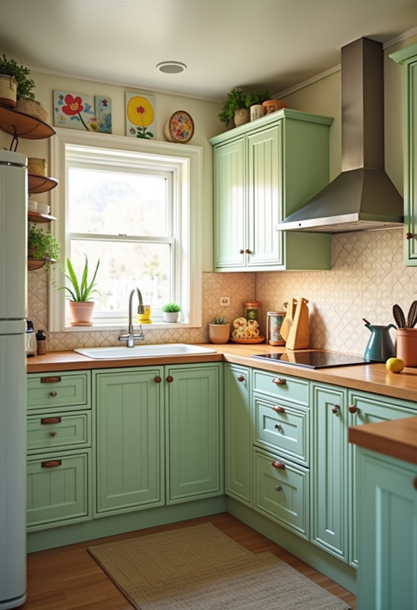 This cozy kitchen radiates charm with mint green cabinets, warm wooden countertops, and potted plants basking in natural light by the window. Art on the walls adds a cheerful, personal touch, creating a welcoming space full of character and comfort. Perfect for anyone who loves creative, homey kitchen decor with a touch of vintage charm. Save this pin for your cozy kitchen inspiration and follow for more heartwarming home ideas!
#CozyKitchen #MintGreenCabinets #KitchenWithPlants #WoodenCountertops #ArtfulKitchen #KitchenDecorIdeas #HomeyKitchenStyle #VintageKitchenVibes #PinterestHomeInspo