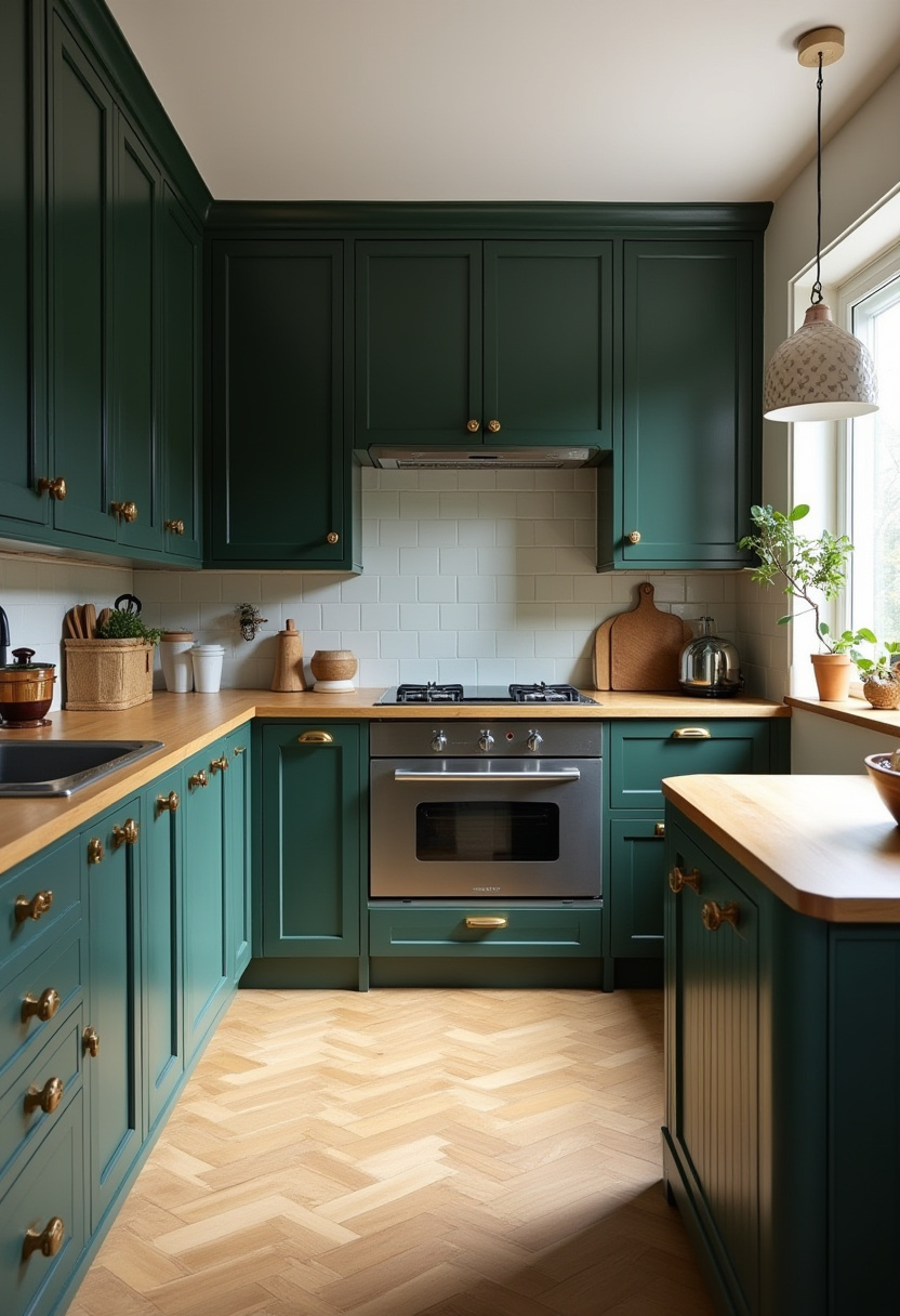 This cozy kitchen pairs dark green cabinets with warm wooden countertops and elegant brass handles for a timeless, inviting look. Sunlight streams through the window, highlighting lush potted plants and a stunning herringbone floor that adds texture and charm. Perfect for those who love moody kitchen palettes with a cozy, natural feel. Save this pin for your dream kitchen ideas and follow for more earthy, stylish home inspiration!
#CozyKitchen #DarkGreenCabinets #BrassHardware #WoodenCountertops #HerringboneFloor #KitchenWithPlants #WarmKitchenVibes #MoodyKitchenStyle #PinterestHomeDecor