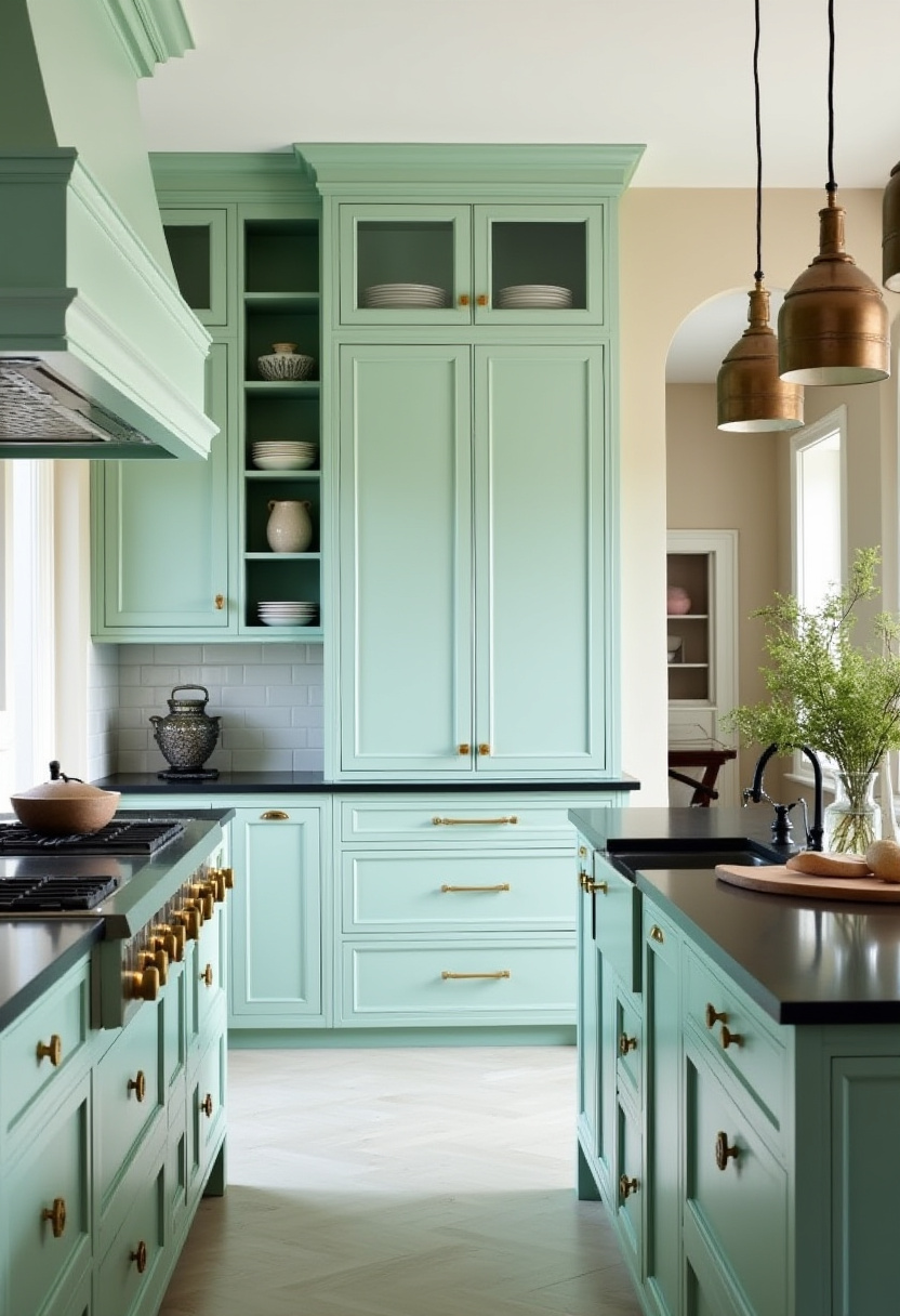 This modern kitchen stuns with mint green cabinets, sleek black countertops, and elegant brass handles — all brought to life under the warm glow of copper pendant lights. The bright, airy ambiance creates a fresh and stylish space, perfect for anyone craving bold yet sophisticated kitchen design ideas. Ideal for modern home decor lovers or those planning a kitchen makeover. Save this pin for your kitchen renovation inspiration and follow for more stylish interior ideas!
#ModernKitchen #MintGreenKitchen #KitchenInspiration #KitchenDesignIdeas #BrassHardware #ContemporaryKitchen #CopperLighting #KitchenDecor #PinterestHomeInspo