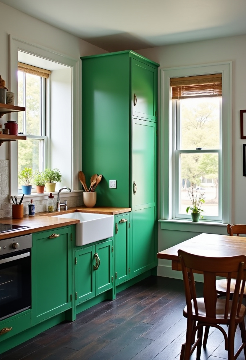 Step into this cozy kitchen where vibrant green cabinets, warm wooden countertops, and a classic farmhouse sink create the perfect blend of charm and character. Sunlight streams through dual windows, highlighting the rich dark hardwood floors and bringing a warm, inviting glow to the space. This look is ideal for anyone inspired by rustic kitchen ideas or farmhouse-style home decor. Love this vibe? Save it now and follow for more cozy kitchen inspiration!
#CozyKitchen #FarmhouseKitchen #GreenKitchenCabinets #RusticKitchenDesign #KitchenInspiration #CountryKitchen #KitchenDecorIdeas #WarmHomeVibes #PinterestHomeDecor