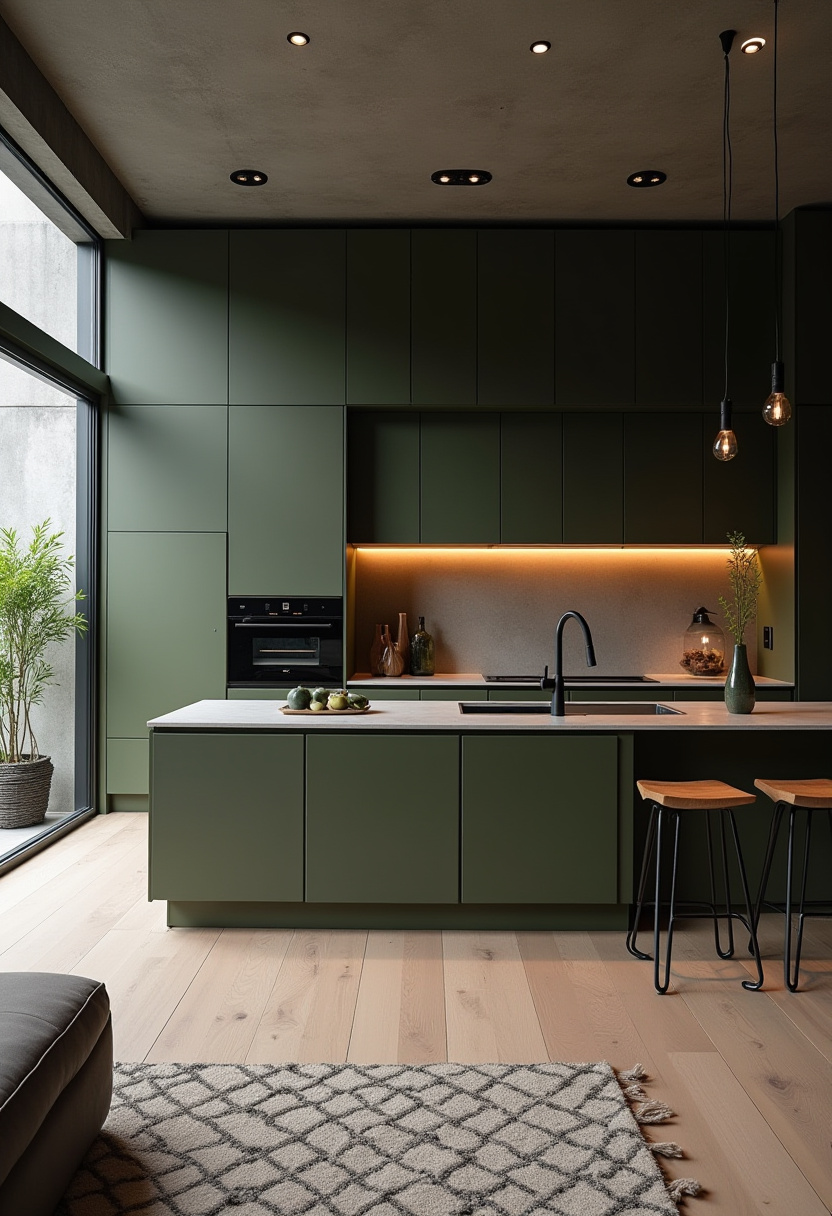 This modern kitchen features matte green cabinets, a sleek built-in oven, and warm under-cabinet lighting that adds depth and elegance. A central island with stylish stools and pendant lights creates the perfect gathering spot, while wood floors and a large window with a potted plant bring in cozy, natural charm. Ideal for those seeking modern kitchen ideas with a warm, inviting touch. Save this pin for your dream kitchen vision board and follow for more stylish home inspiration!
#ModernKitchen #GreenKitchenCabinets #KitchenIslandDesign #WarmMinimalism #KitchenInspiration #HomeDecorIdeas #StylishKitchen #ContemporaryKitchen #PinterestHomeInspo