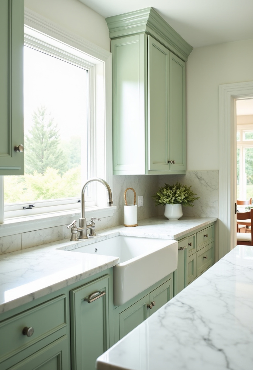 This bright kitchen blends timeless charm and freshness with mint green cabinets, elegant marble countertops, and a classic farmhouse sink. A large window floods the space with natural light, while a simple vase of greenery adds the perfect fresh touch. Ideal for those who love airy, cheerful kitchen design with a hint of cottage charm. Save this pin for your next kitchen makeover and follow for more bright, inspiring home ideas!
#BrightKitchen #MintGreenKitchen #FarmhouseSink #KitchenInspo #MarbleCountertops #CottageStyleKitchen #FreshKitchenVibes #HomeDecorInspiration #PinterestKitchenIdeas