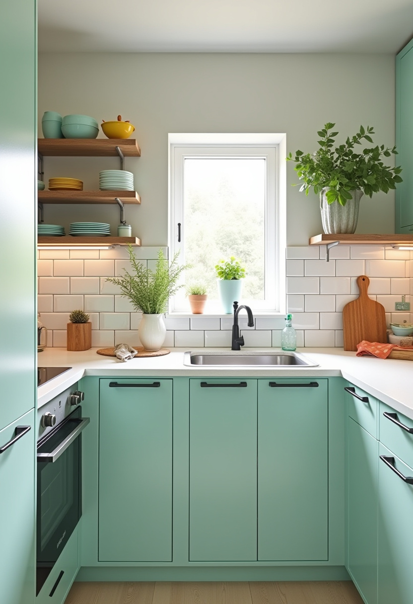 Bring cheerful charm into your home with this bright kitchen featuring mint green cabinets, crisp white countertops, and classic white subway tiles. Open wooden shelves showcase colorful dishes, while lush green plants add a fresh, lively touch. Perfect for fans of playful yet functional kitchen design and cozy, lived-in style. Love this look? Save it now and follow for more fresh kitchen inspiration!
#MintGreenKitchen #BrightKitchen #KitchenDecorIdeas #SubwayTileBacksplash #OpenShelvingKitchen #ColorfulKitchenStyle #CozyKitchenVibes #HomeInspiration #PinterestKitchenDecor