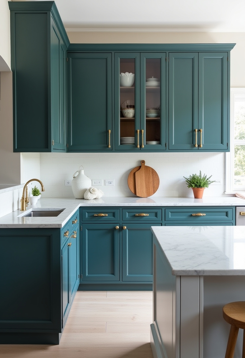 Elevate your space with this elegant kitchen featuring rich teal cabinets, brass handles, and luxurious white marble countertops. Thoughtful details like potted plants and a wooden cutting board add warmth and style, balancing the bright, modern aesthetic. Perfect for anyone seeking bold kitchen color ideas with a sophisticated twist. Save this pin for your kitchen design mood board and follow for more chic home inspiration!
#TealKitchen #ElegantKitchenDesign #MarbleCountertops #BrassHardware #ModernKitchenIdeas #KitchenInspo #ColorfulKitchen #ChicHomeDecor #PinterestKitchenStyle