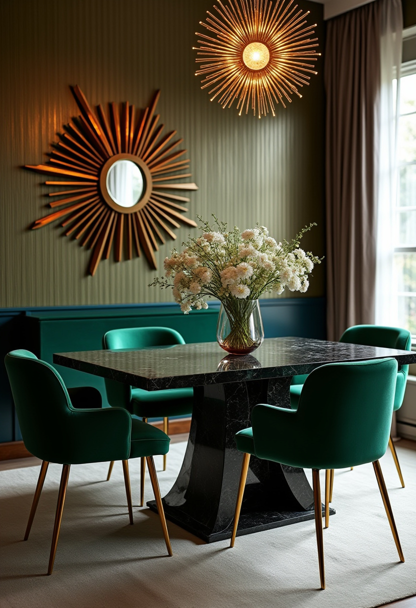 Rich tones and luxe details elevate this dining room’s sophistication. With green chairs, a black marble table, and gold accents, this space blends elegance with statement design.
#GreenInteriors #MarbleDiningTable #GoldHomeAccents #LuxuriousDining #ChicHomeDecor