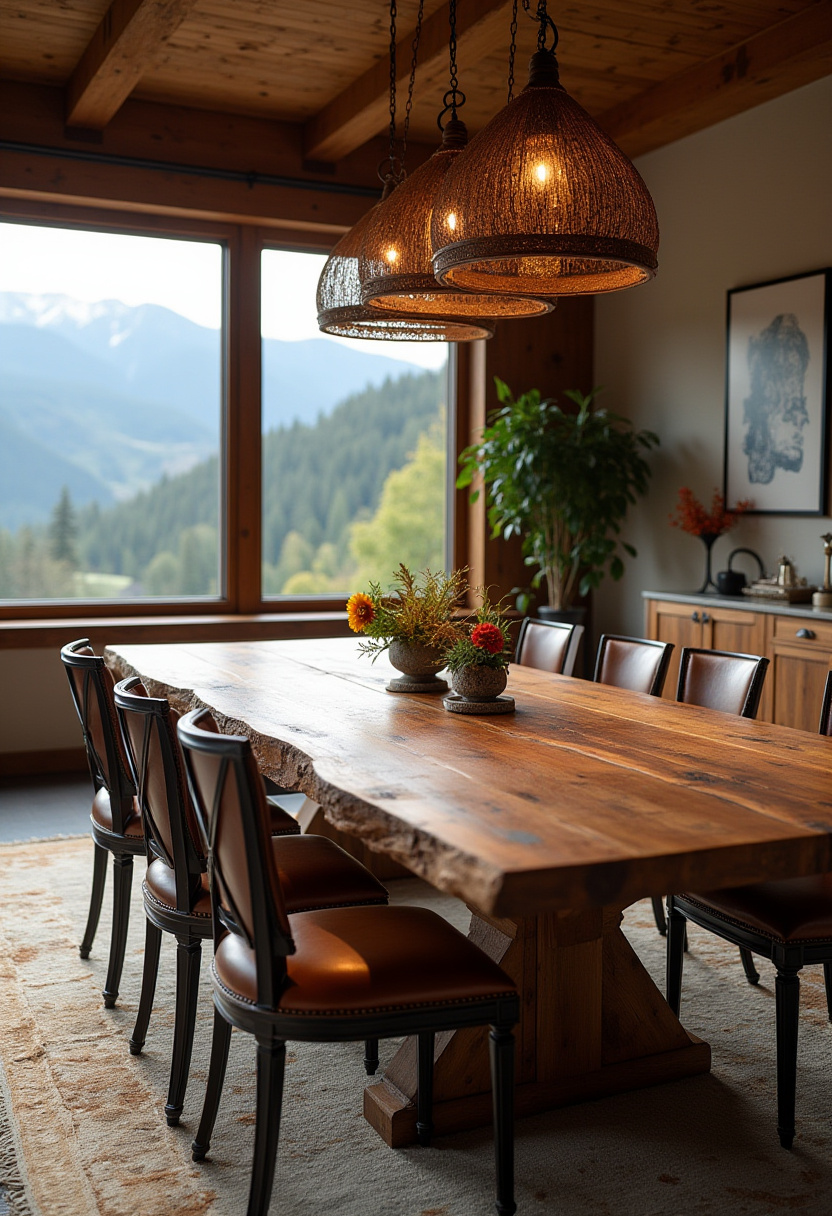Rustic elegance meets mountain serenity in this stunning dining space. Woven pendant lights, natural wood, and panoramic views make it perfect for cozy gatherings.
#MountainHomeStyle #RusticDiningRoom #WovenLighting #ScenicViews #WoodenDecor