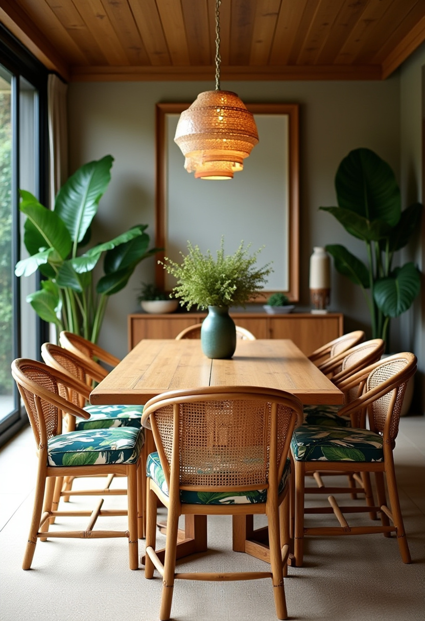 Cozy up in this relaxed, nature-inspired dining room. Rattan chairs, leafy cushions, and green plants create a breezy, boho vibe that’s effortlessly charming.
#BohoDining #RattanFurniture #NaturalHomeDecor #CozyInteriors #IndoorPlantsLove