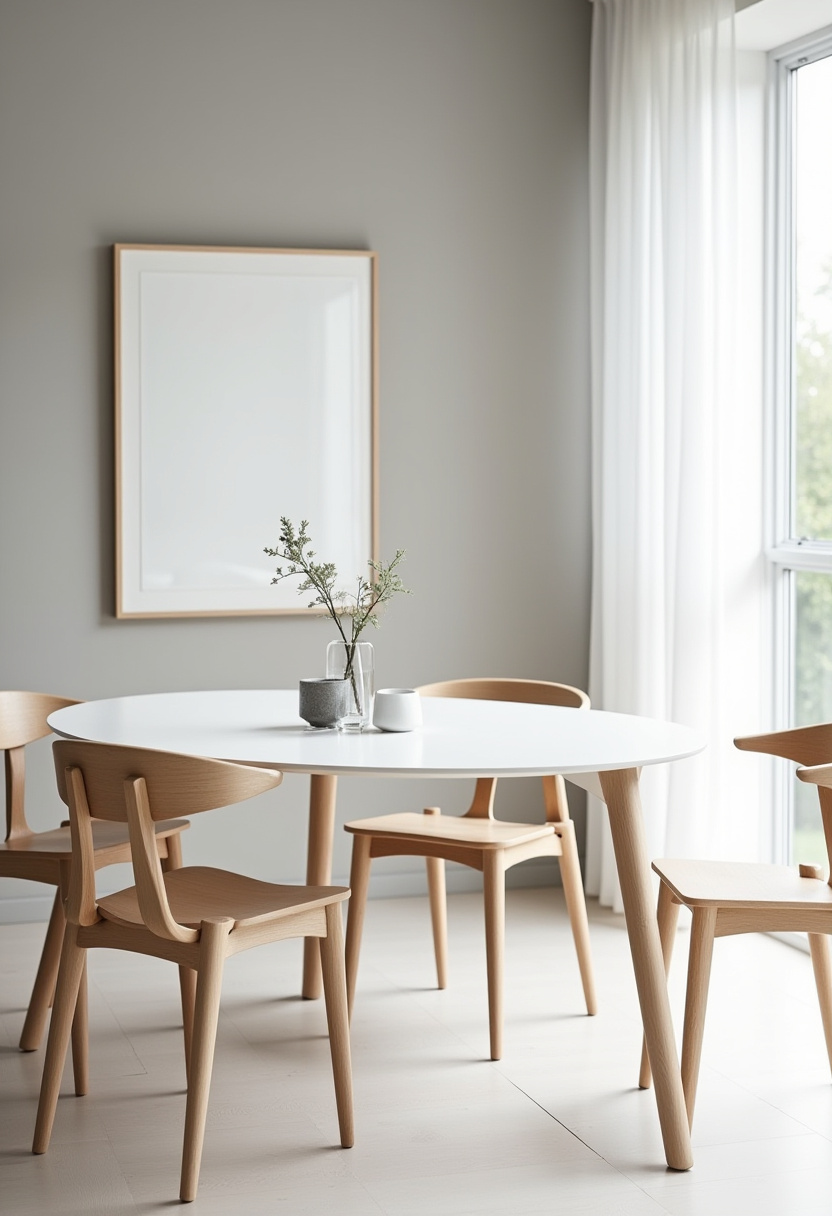 Sleek and soft, this modern dining nook is the essence of calm. A white oval table, light wood chairs, and greenery bring Scandinavian charm to your home.
#ScandinavianDecor #ModernDiningNook #NeutralTones #GreeneryIndoors #MinimalistDining