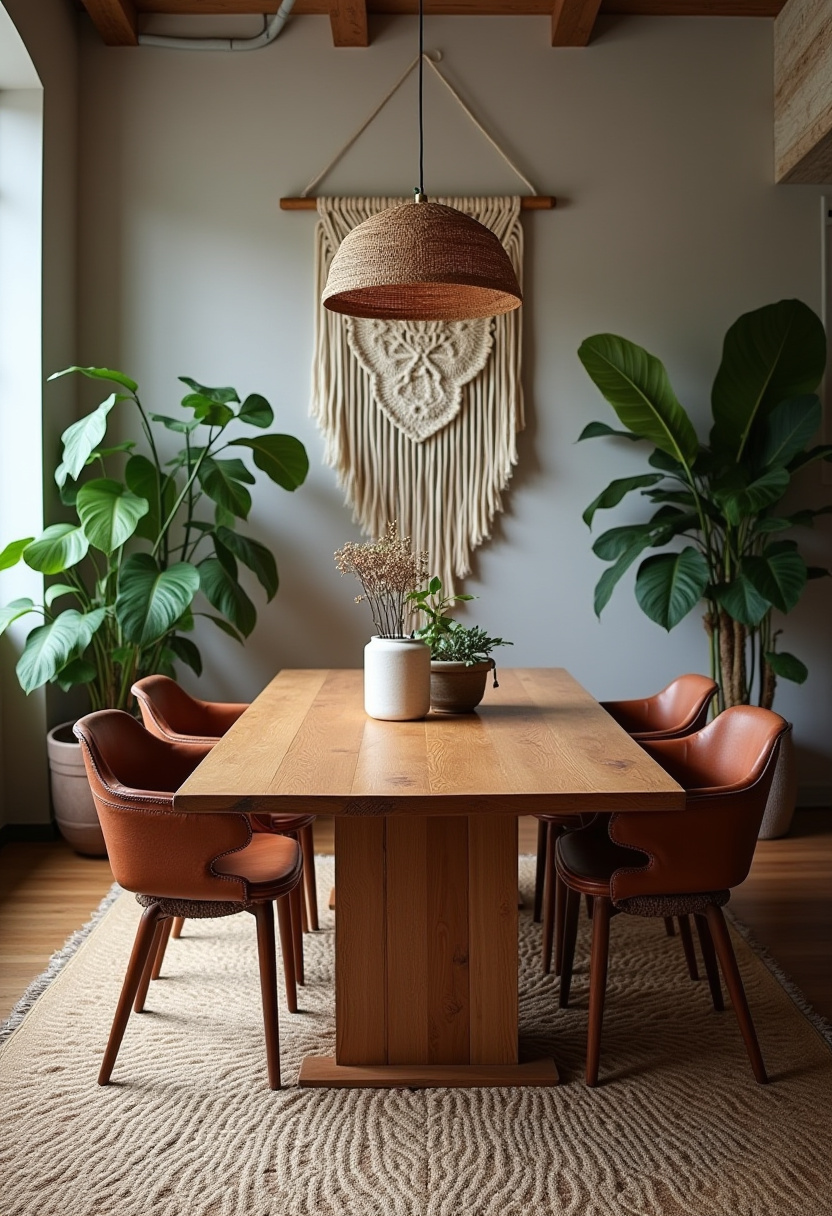 Earthy textures and cozy touches define this inviting dining area. A wooden table, leather chairs, and macramé wall art create a laid-back, rustic chic atmosphere.
#RusticChic #MacrameDecor #LeatherDiningChairs #WarmInteriors #BohoDiningRoom