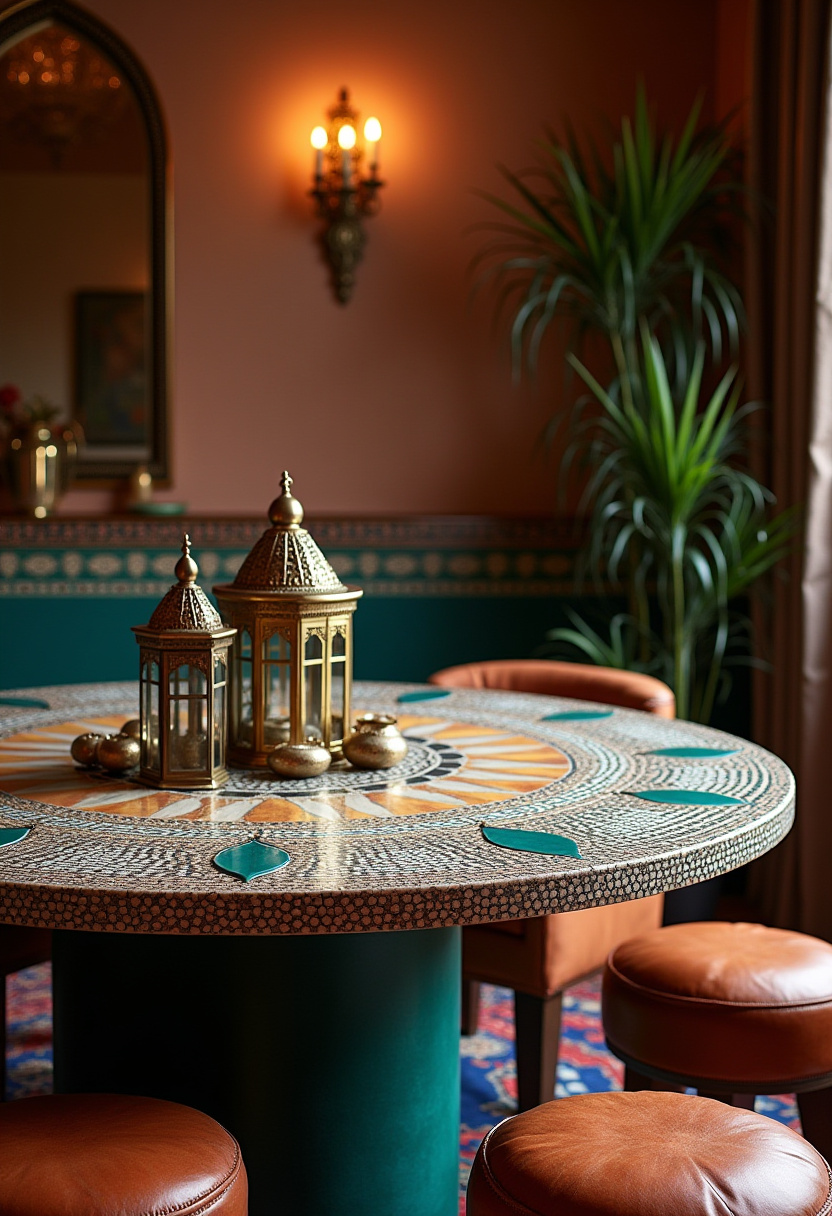 Transport your senses with this Moroccan-inspired dining space. A mosaic table, golden lanterns, and ambient lighting bring exotic flair to elegant entertaining.
#MoroccanStyle #MosaicTable #GlobalInteriors #WarmLighting #EclecticDiningRoom