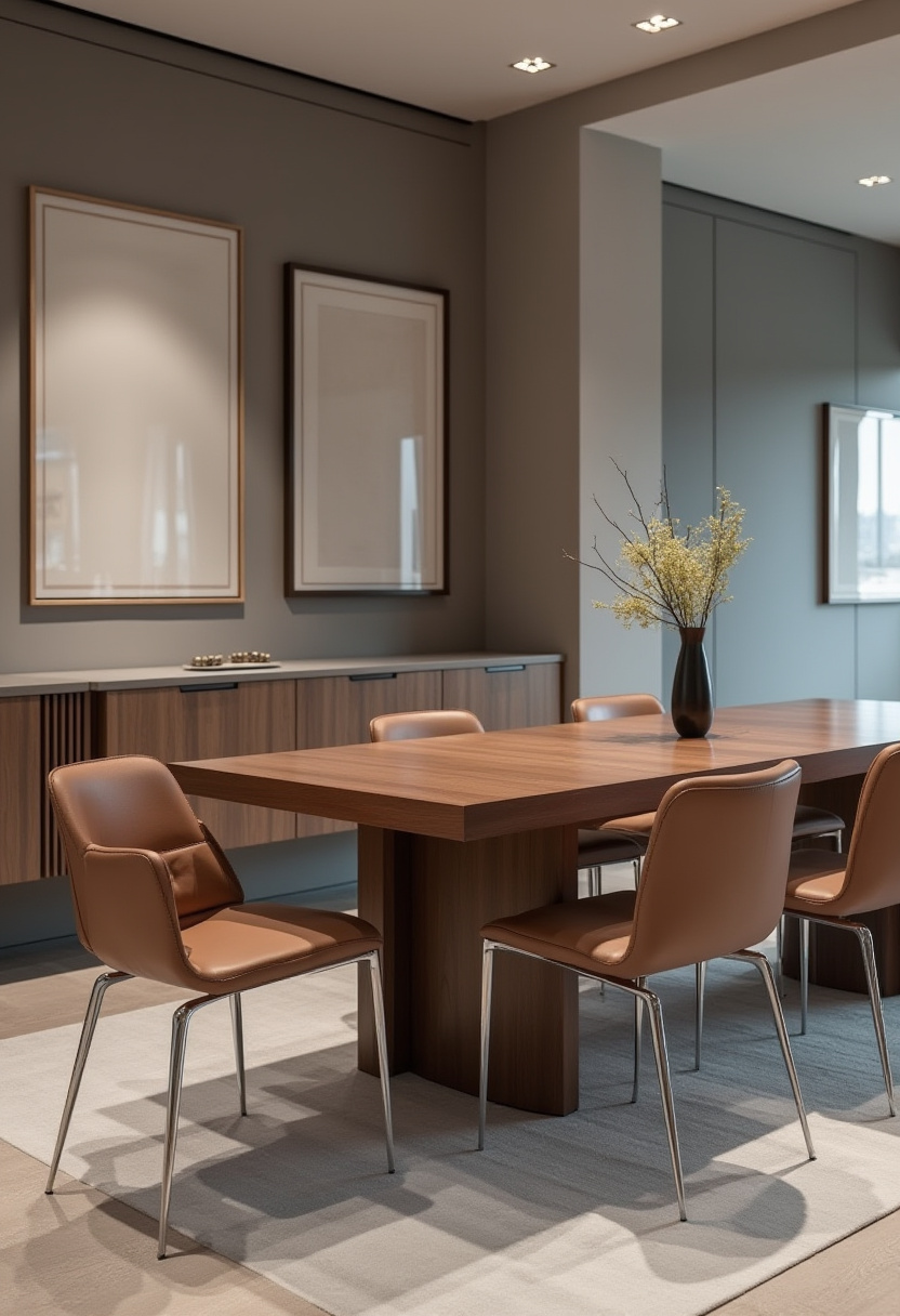Minimalist yet warm, this modern dining room blends form and function. With a sleek wooden table, brown leather chairs, and yellow floral accents, it’s the perfect balance of earthy tones and clean lines. Ideal for fans of minimalist home decor.
#ModernDining #MinimalistDecor #WoodAndLeather #DiningRoomStyle #NeutralInteriors