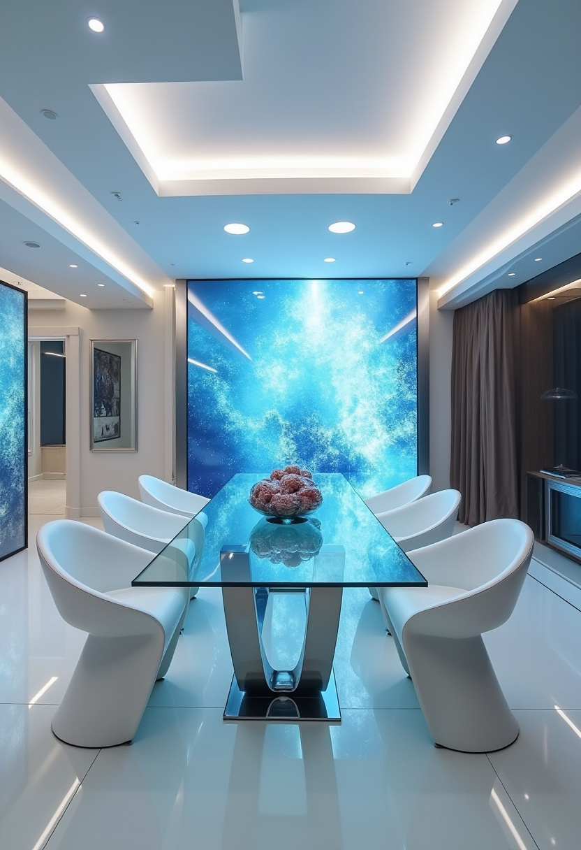 Step into the future with this bold, modern dining room. A glass table, sleek white chairs, and a cosmic mural create a visionary space for design-forward thinkers.
#FuturisticHome #ModernDining #GlassTableDesign #CosmicWallArt #InnovativeInteriors
