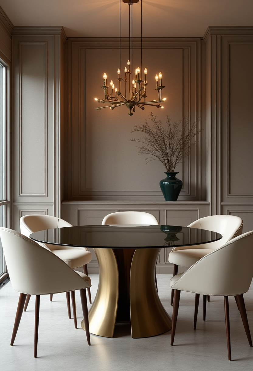 Bold and elegant, this black glass dining setup exudes charm. The gold pedestal base, white chairs, and soft chandelier lighting make this room a centerpiece of sophisticated interior design. Perfect for those seeking dramatic yet tasteful inspiration.
#ElegantDining #ChicInteriors #GoldAccents #BlackGlassTable #HomeStyling