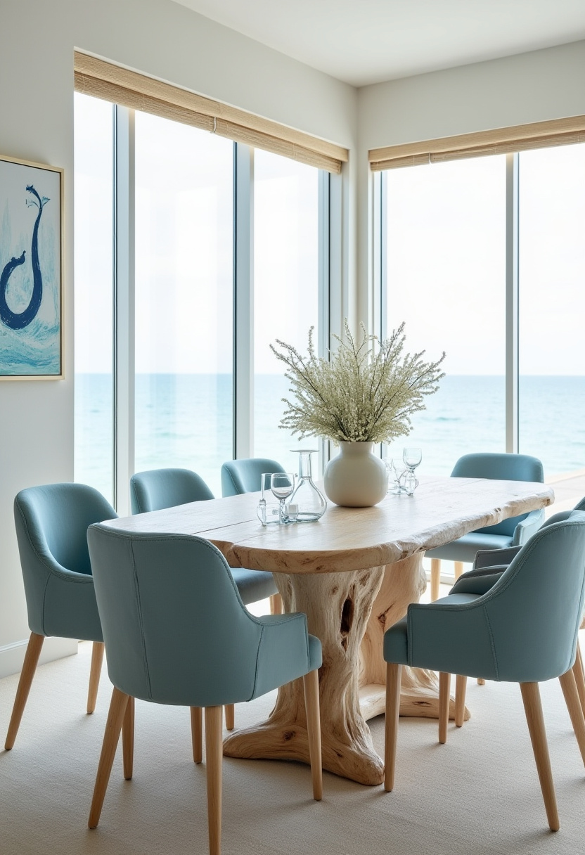 Dining with a view has never looked this fresh. This coastal-inspired room with a wood table, light blue chairs, and a vase of white flowers is the essence of beachy elegance.
#CoastalDiningRoom #OceanViewDecor #BeachHouseVibes #NaturalLightInterior #BlueAccent