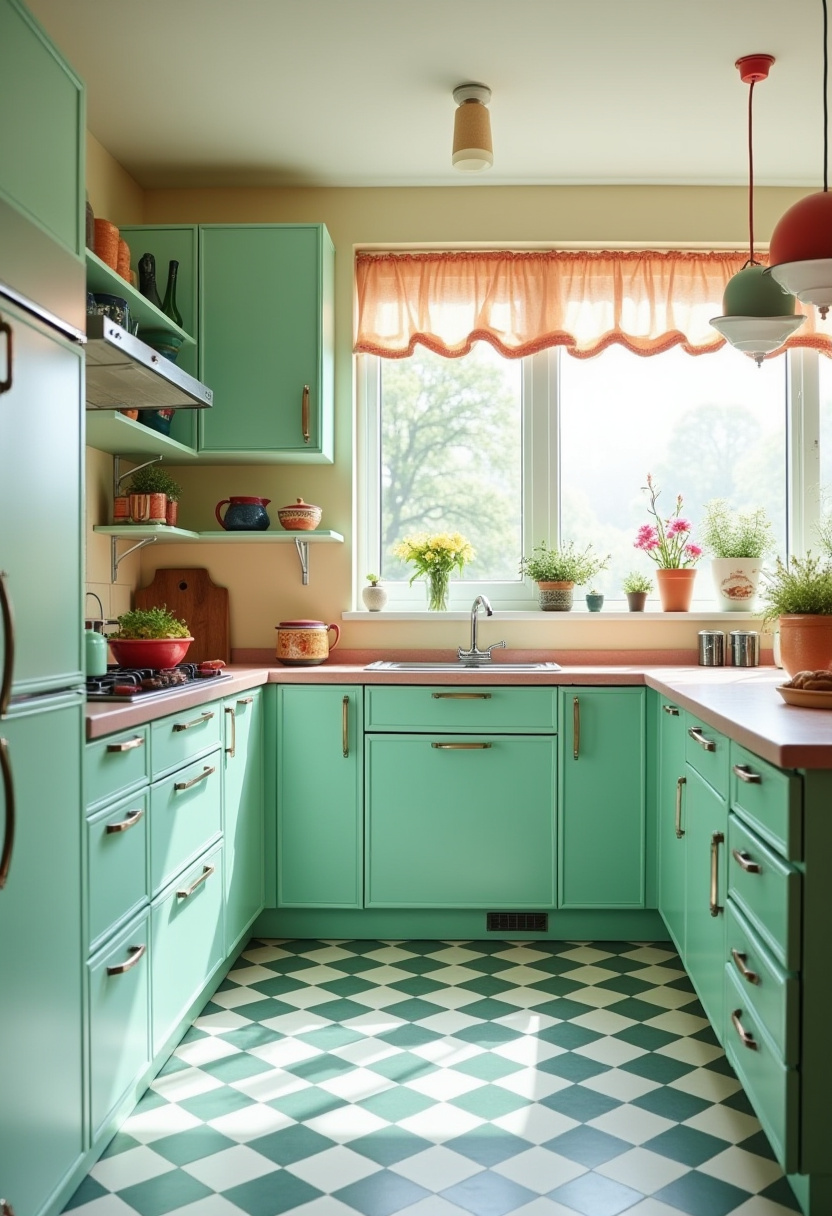 Retro Green Kitchen with Checkered Floor
Step into charm with this retro green kitchen featuring a bold checkered floor and vibrant plants! Ideal for vintage kitchen decor, the pastel cabinets and colorful accents bring a playful yet cozy vibe to your space. Pin this now and discover more #RetroKitchen #GreenKitchen #VintageDecor #HomeStyle inspiration!