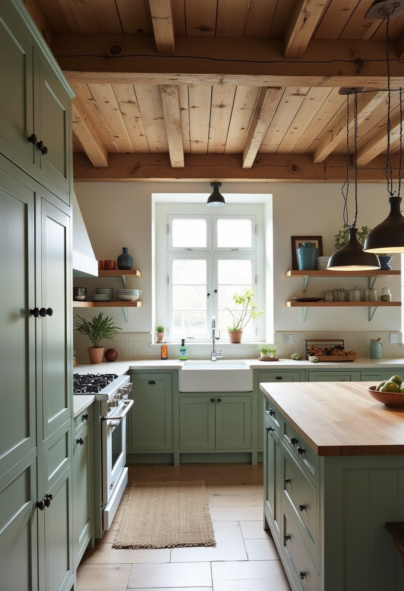 Country-style kitchen with green cabinets, a wooden island, pendant lights, and natural light.
- Bring charm to your home with this country-style kitchen featuring green cabinets and a stunning wooden island! Enhanced by pendant lights and natural light, its perfect for kitchen makeover and cottage living ideas. Pin this now and explore more rustic kitchen designs! #CountryKitchen #KitchenMakeover #CottageLiving #RusticDesign