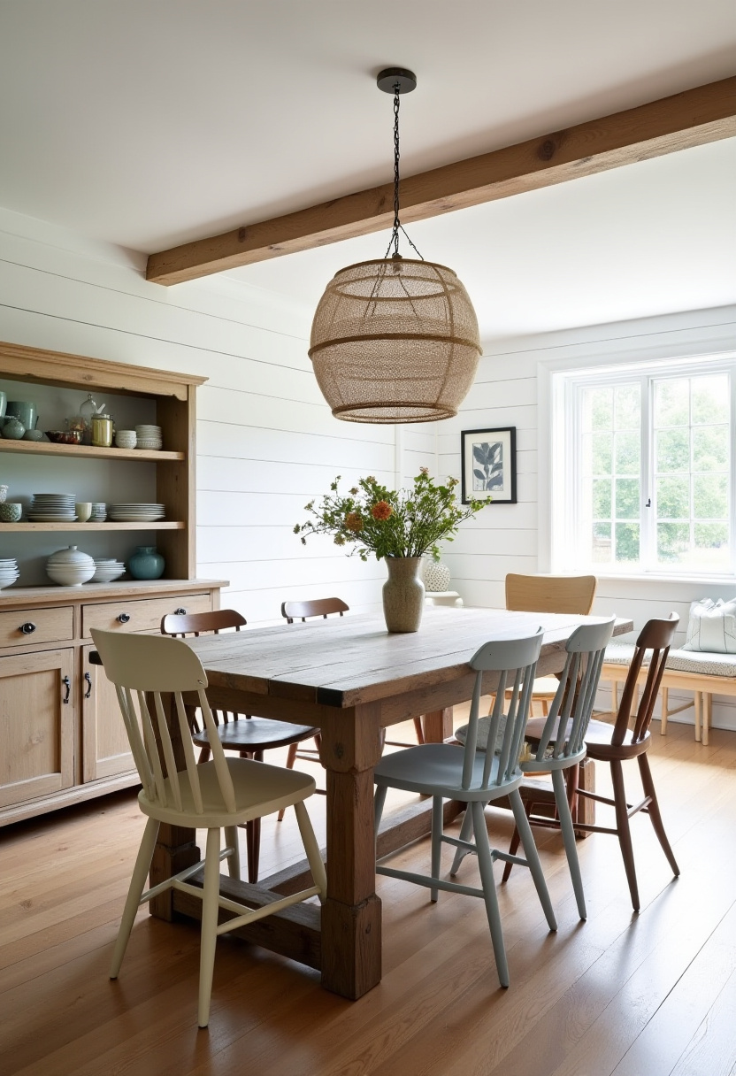 Mixing charm and personality, this cozy dining space with mismatched chairs, a woven pendant light, and fresh flowers feels uniquely curated. Soft light completes the inviting mood. Pin for boho-rustic inspiration!
#bohodecor #mismatchedchairs #wovenlight #cozyspaces