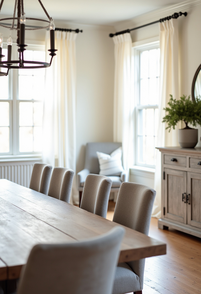 Soft textures and gentle light define this cozy dining room with a wooden table, gray upholstered chairs, and sheer curtains. A chandelier adds classic charm to this peaceful space. Save it for your calm home vibe goals!
#neutraldecor #softinteriors #graychairs #cozyhomedesign