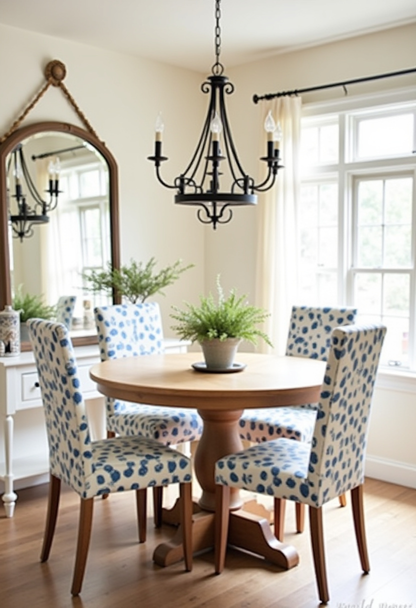 Add elegance to your mealtime with this cozy dining room featuring a round wooden table, patterned blue chairs, and a dramatic black chandelier. The potted fern brings life to the table. Pin now for timeless design ideas!
#elegantdiningroom #bluechairs #chandelierdecor #homestyleinspo