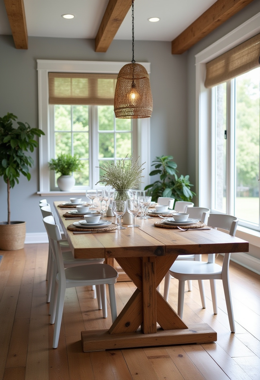 A warm yet elegant feel fills this spacious dining room with a wooden table, white chairs, and a rustic pendant light. Natural light and greenery add a breath of fresh air. Pin this look for classic comfort and style!
#spaciousdiningroom #classicdecor #woodandwhite #homedesigngoals