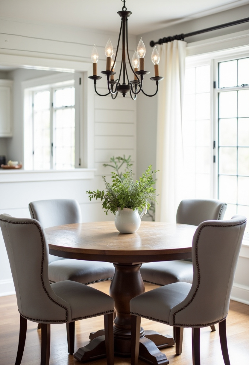 Comfort meets style in this cozy dining nook with a round wooden table, gray upholstered chairs, and greenery. The black chandelier adds a stylish focal point. Save it for your dining room goals!
#cozydining #roundtabledecor #greenerydecor #graychairs