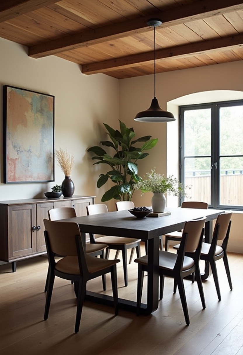 Bring harmony to your home with this warm dining room design featuring a wooden table, greenery, and soft lighting. Abstract art and neutral tones create a peaceful environment. Don’t forget to save this serene space!
#warminteriors #diningroominspiration #abstractartdecor #greeneryvibes