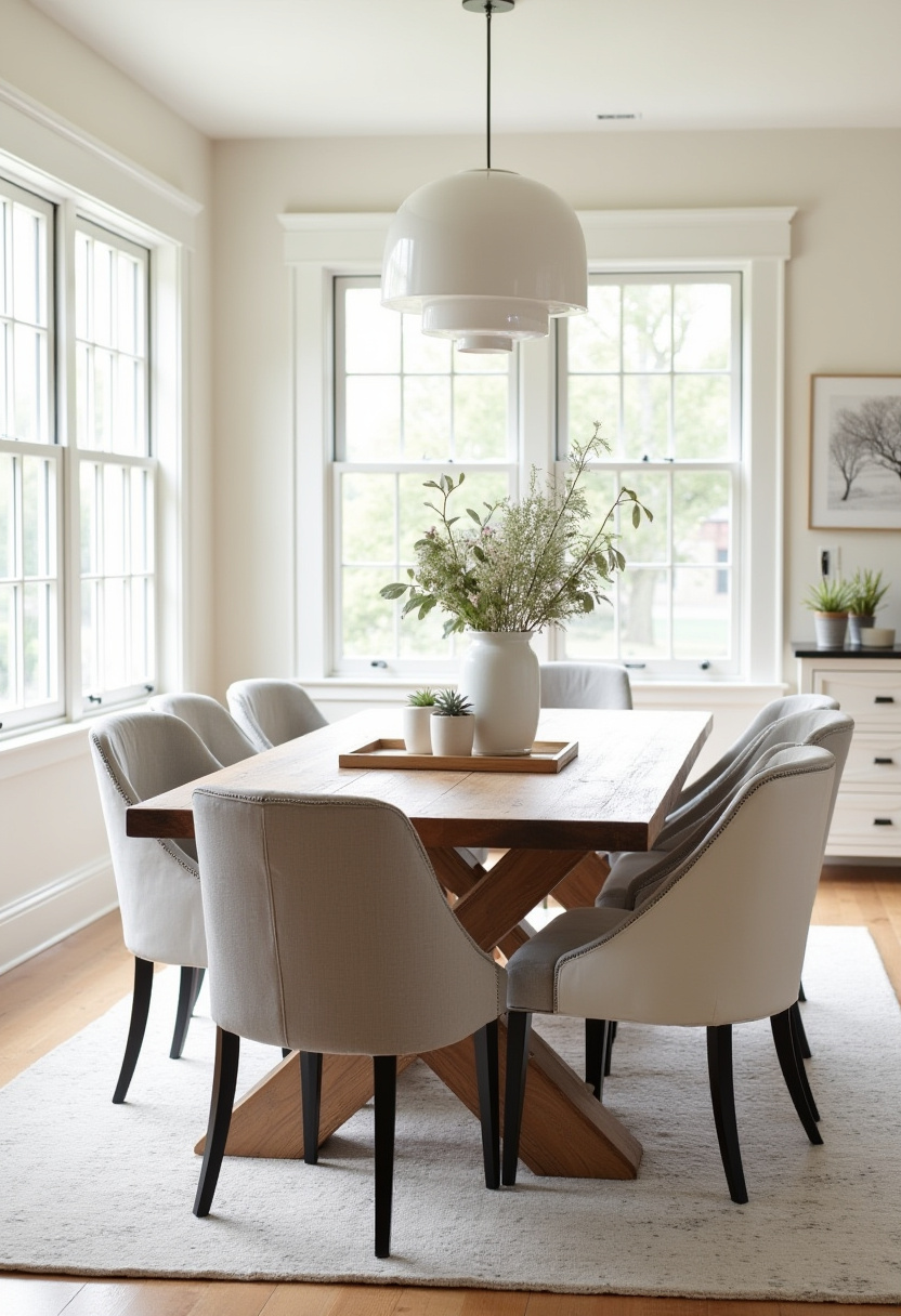 This bright dining room is effortlessly chic with a wooden table, gray chairs, and a touch of green from a white vase centerpiece. A modern white pendant completes the airy ambiance. Pin it for a clean, stylish look!
#brightdiningroom #moderninteriors #grayandwood #scandinavianstyle