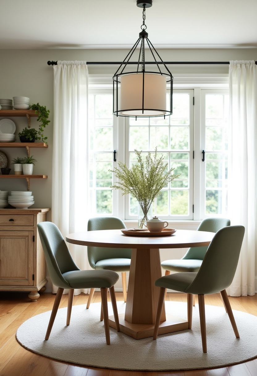 This cozy dining room setup with a round wooden table, soft light green chairs, and a floral centerpiece is the perfect inspiration for creating an inviting eating space. A bright window and pendant light complete the airy vibe. Save this look for your home decor mood board!
#cozydiningroom #smallspacedecor #roundtable #naturalinteriors
