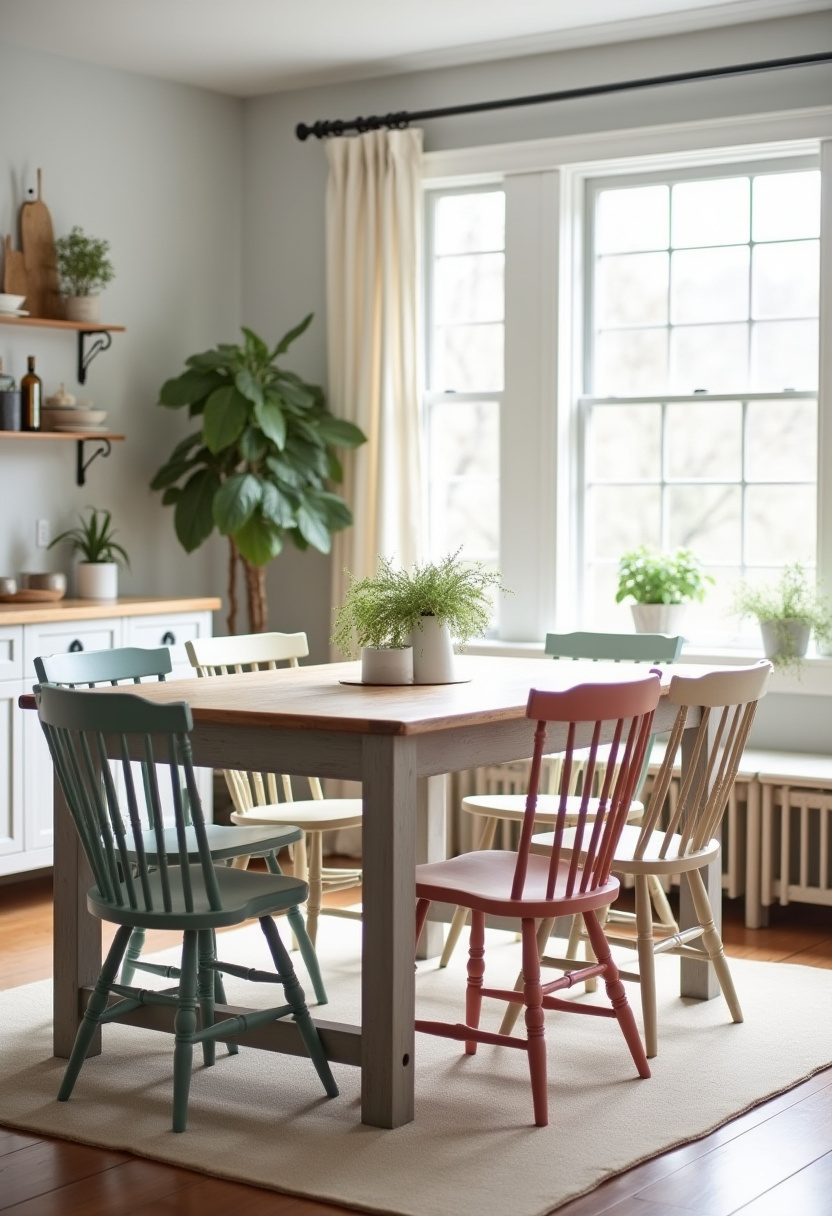 This bright kitchen nook with a wooden table and pastel mismatched chairs feels cheerful and fresh. Pops of greenery on the windowsill and table add to the cozy charm. Save for colorful kitchen inspo!
#pastelkitchen #cozykitchendecor #mismatchedchairs #homedecorinspo