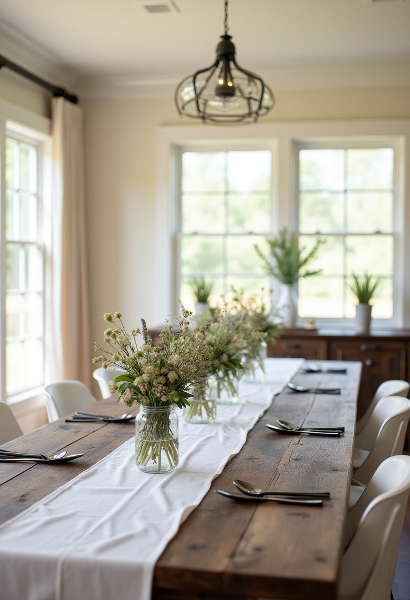 A blend of rustic charm and natural beauty, this dining room with wildflowers and a white runner is all about warmth and simplicity. Sunlight from large windows enhances the welcoming feel. Ideal for lovers of cozy, farmhouse aesthetics. Repin if you love rustic dining spaces!
#farmhousestyle #rusticdecor #wildflowerdecor #cozydiningroom