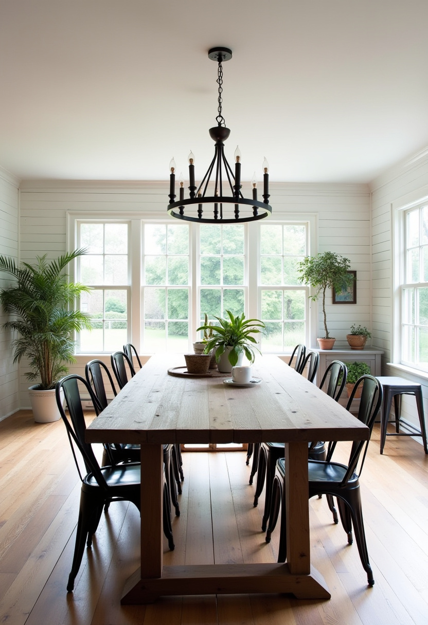 Elevate your space with this airy dining room featuring a wooden table, black chairs, and lush potted plants. The black chandelier adds contrast while natural light floods the space. Pin for your modern rustic decor ideas!
#minimalistdiningroom #blackandwood #diningroomstyle #modernhomevibes