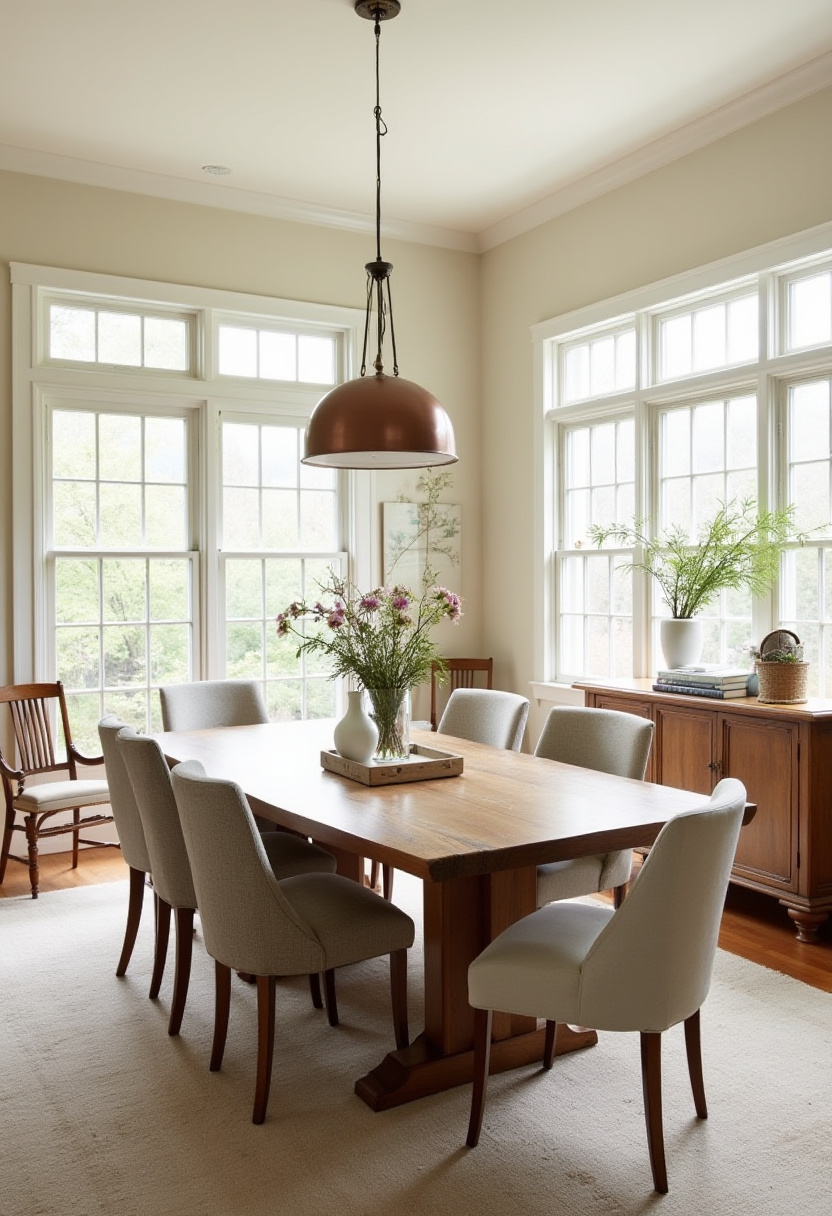This bright dining room pairs a warm wooden table with six plush chairs and a standout copper pendant light. Surrounded by greenery and light, it’s perfect for a modern rustic home. Love cozy-meets-chic design? Save this pin!
#copperdecor #diningroominspo #modernrustic #brightspaces