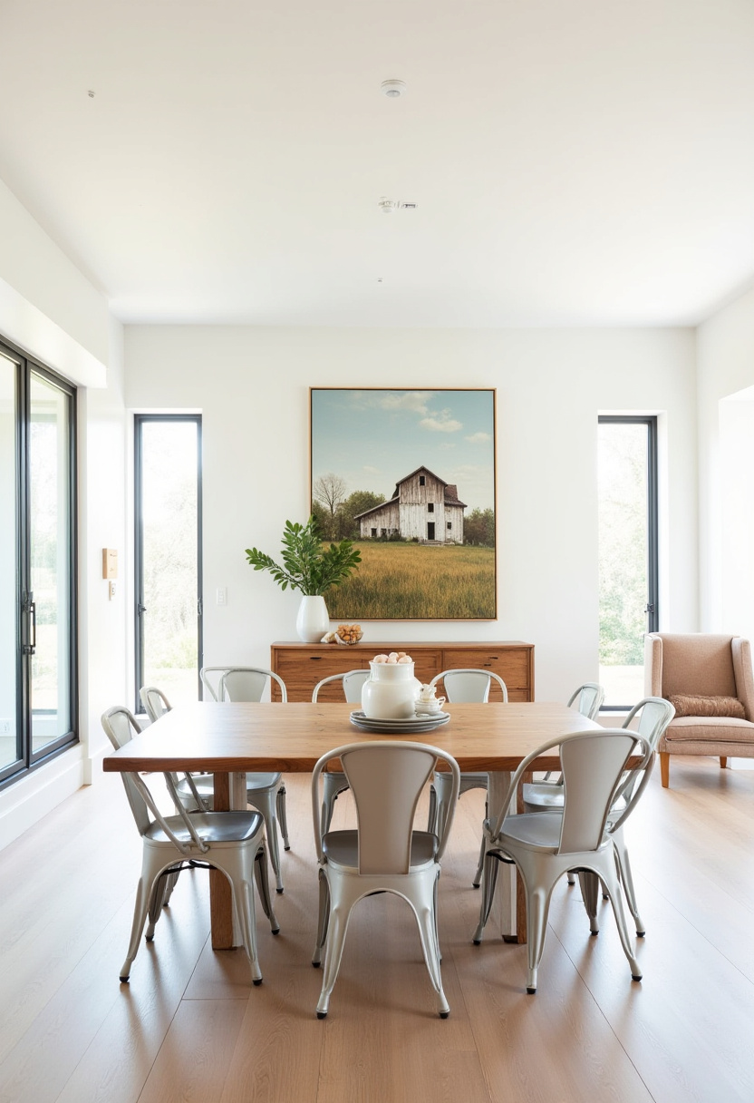 Embrace contemporary charm with this modern dining room, featuring a wooden table, gray metal chairs, and a striking barn landscape print. A great blend of rustic art and sleek furniture. Save for your dining room makeover board!
#moderndiningroom #rusticart #interiorstyle #graychairs