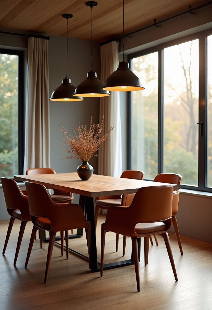 Warm, modern, and open—this dining room features a wooden table, brown chairs, and large windows offering tranquil views. Pendant lights complete the look with understated elegance. Save for natural light lovers!
#modernrustic #wooddiningtable #windowviewdecor #neutralinteriors

