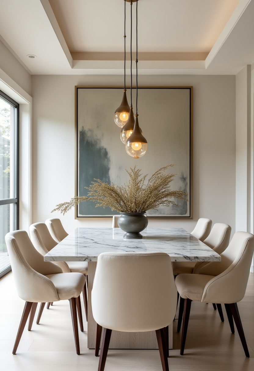Soft elegance defines this dining room with a sleek marble table, white chairs, and dried florals under three pendant lights. Abstract art adds depth to this minimalist-meets-luxury vibe. Pin it for modern style inspo!
#marblediningtable #whitedecor #minimalistelegance #driedflowersdecor
