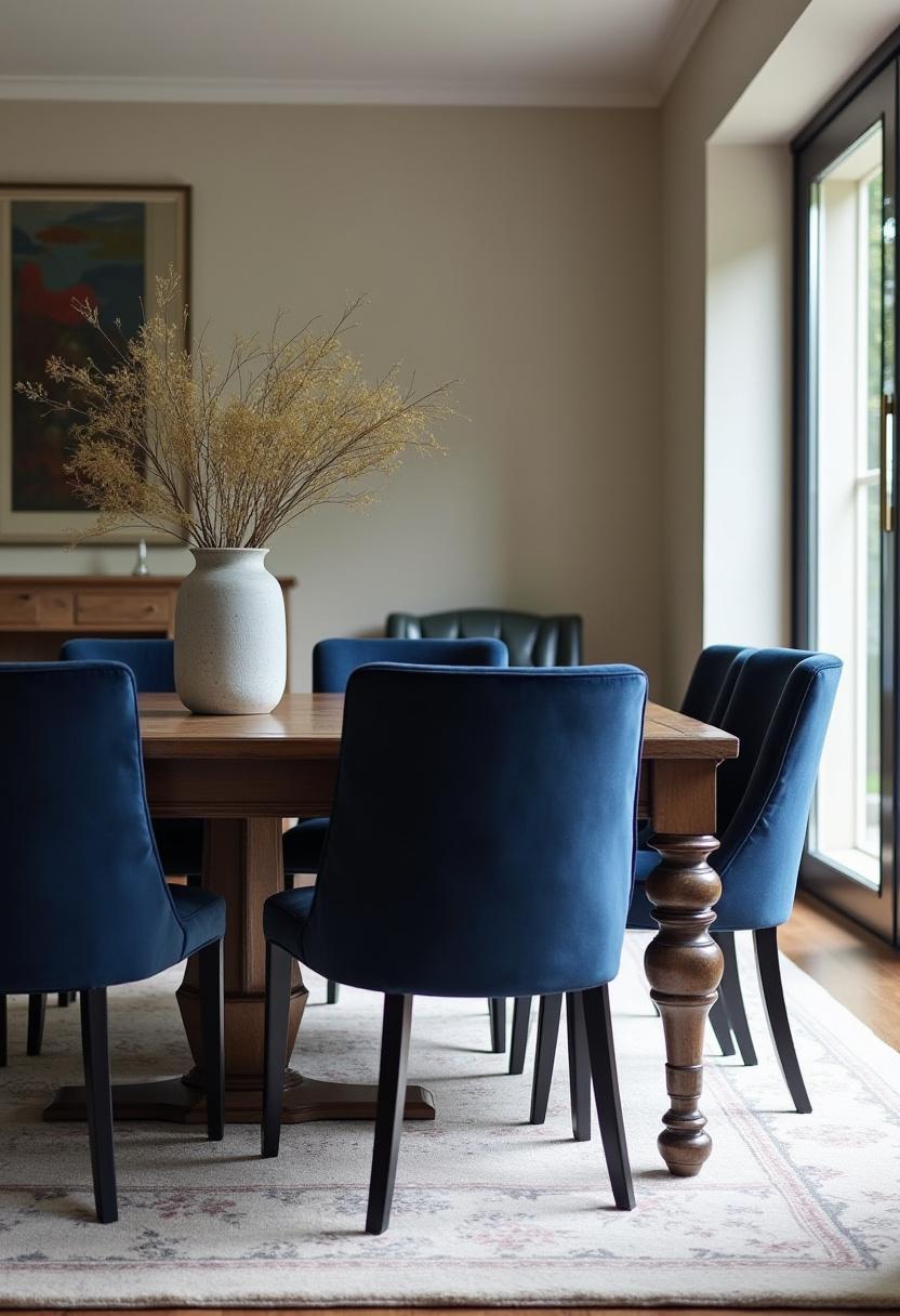 This elegant dining room combines navy velvet chairs, a wooden table, and dried flowers for a refined yet cozy setting. Natural light through glass doors enhances the calm atmosphere. Save this serene style!
#navyinteriors #elegantdiningroom #velvetchairs #sunlitspaces
