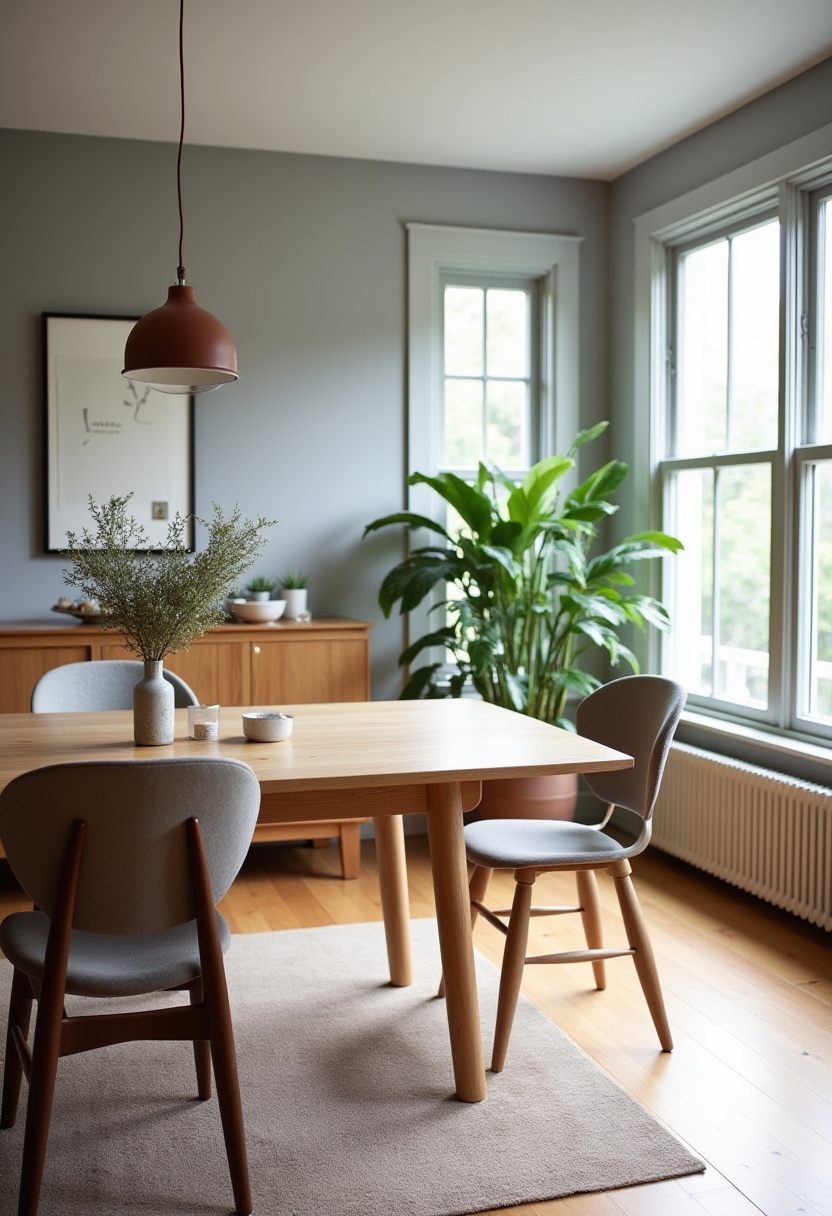Soft sunlight, a wooden table, and gray chairs on a beige rug create the perfect cozy dining room. A pendant lamp and greenery by the window make this space feel warm and grounded. Pin this calming setup!
#cozydining #grayinteriors #neutralspaces #sunlitdiningroom
