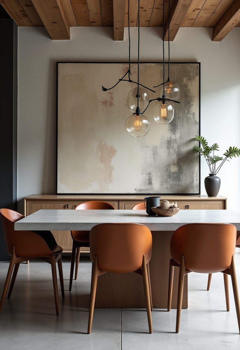 Bold and modern, this dining room features a wooden ceiling, minimalist orange chairs, and an abstract painting. Hanging bulbs offer soft, stylish lighting. Pin this for creative dining room ideas!
#modernhome #abstractdecor #orangeseating #uniquediningroom
