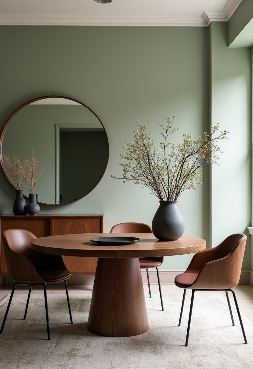 This cozy green dining room pairs a round wood table, neutral chairs, and a large vase of branches with warm accents like a sideboard and mirror. Perfect for intimate meals with charm. Save for your cozy decor board!
#greenwalls #cozydiningdecor #naturalaccents #roundtablevibes
