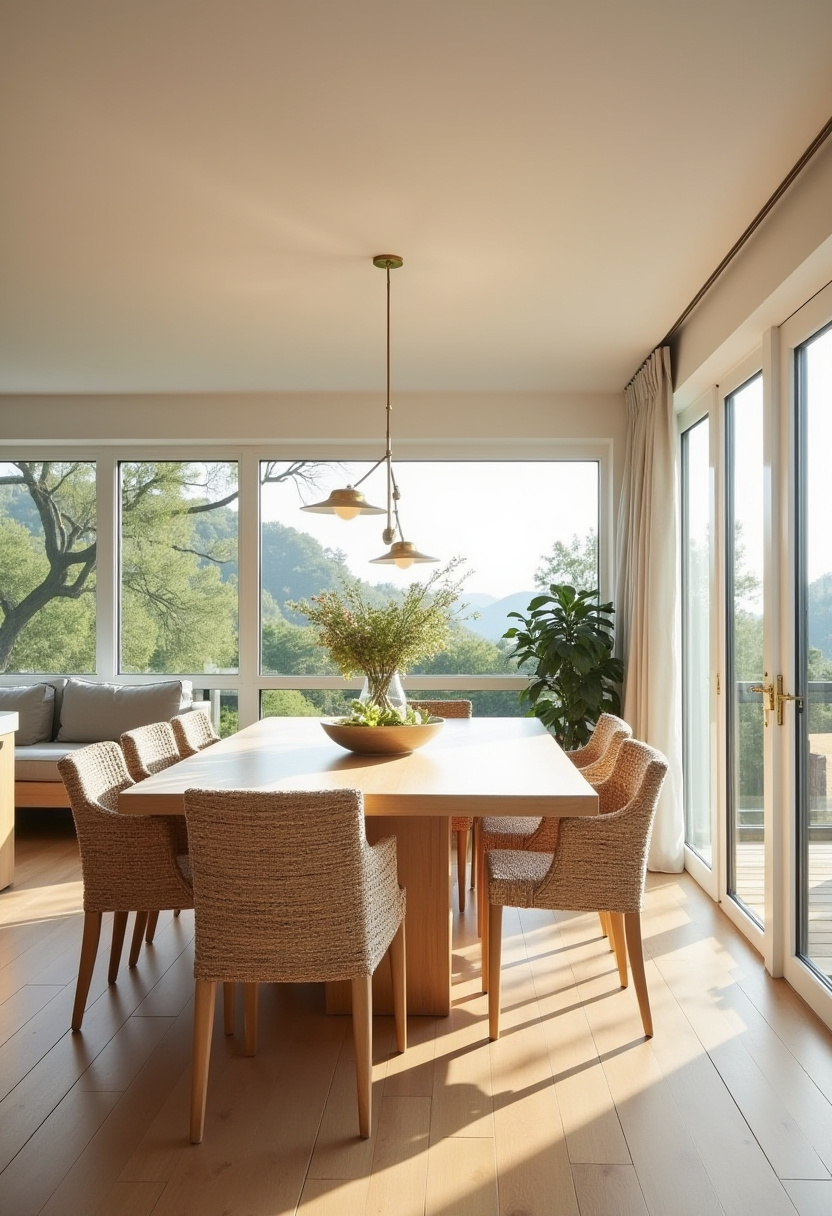 Nature meets comfort in this sunlit dining room, with a large table, wicker chairs, and floral decor. Surrounded by windows and lush views, it’s made for slow, relaxed meals. Pin this dreamy setup!
#sunlitspaces #wickerchairs #natureinspireddecor #cozydiningroom

