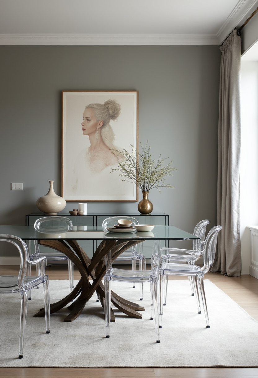 This stylish dining room is light, fresh, and modern—featuring a glass table, clear chairs, a neutral rug, and a classic portrait. Subtle details add quiet sophistication. Save this modern classic mix!
#modernclassic #clearchairs #glassdiningtable #interiorinspo
