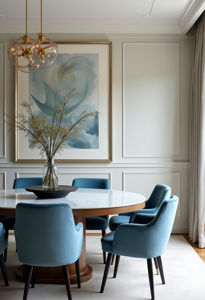 This modern dining room features striking blue velvet chairs, a round marble table, and chic abstract art. A gold light fixture ties the space together with glam detail. Save for bold, elegant decor!
#bluevelvetchairs #marbledining #goldaccents #modernluxury
