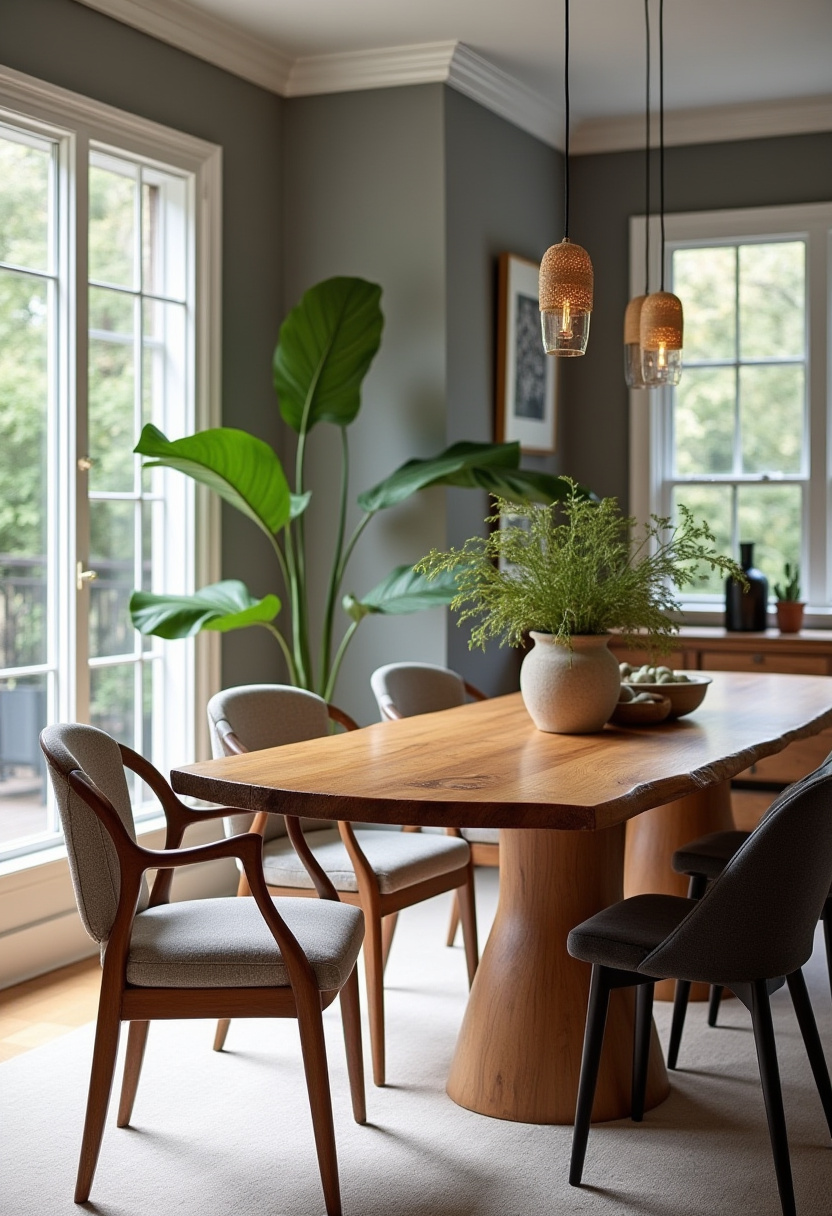 Soft, stylish, and refreshing—this modern dining room has a light wood table, gray chairs, and lush green plants. Pendant lights set a warm tone. Pin this look if you love cozy, fresh interiors!
#lightwooddecor #moderncozy #grayandgreen #diningroomvibes
