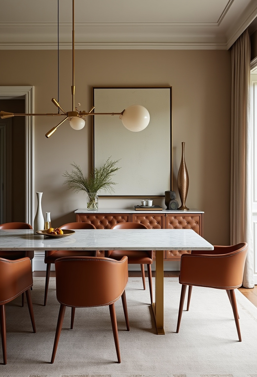 This elegant dining room makes a statement with a white marble table, warm brown leather chairs, and a stunning gold chandelier. The sideboard styling adds luxury and sophistication. Save this luxe look for your dream space!
#elegantdiningroom #marbletable #modernluxury #leatherchairs
