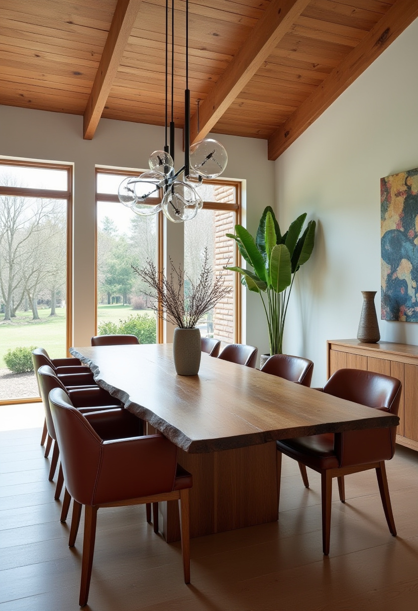 This modern dining room pairs earthy charm with contemporary design—wooden table, leather chairs, and a branch centerpiece under glass pendant lights. A lush garden view adds to the cozy ambiance. Save for your dream dining space!
#moderndiningroom #branchdecor #woodandleather #diningroomgoals
