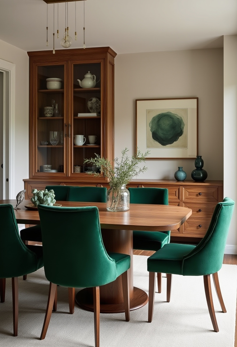 This cozy dining room adds rich color with emerald green velvet chairs, paired with a wooden table, abstract green art, and a rustic cabinet. Ideal for a moody, inviting vibe. Save this look for bold home inspiration!
#cozyinteriors #velvetchairs #diningroomstyle #colorfuldecor
