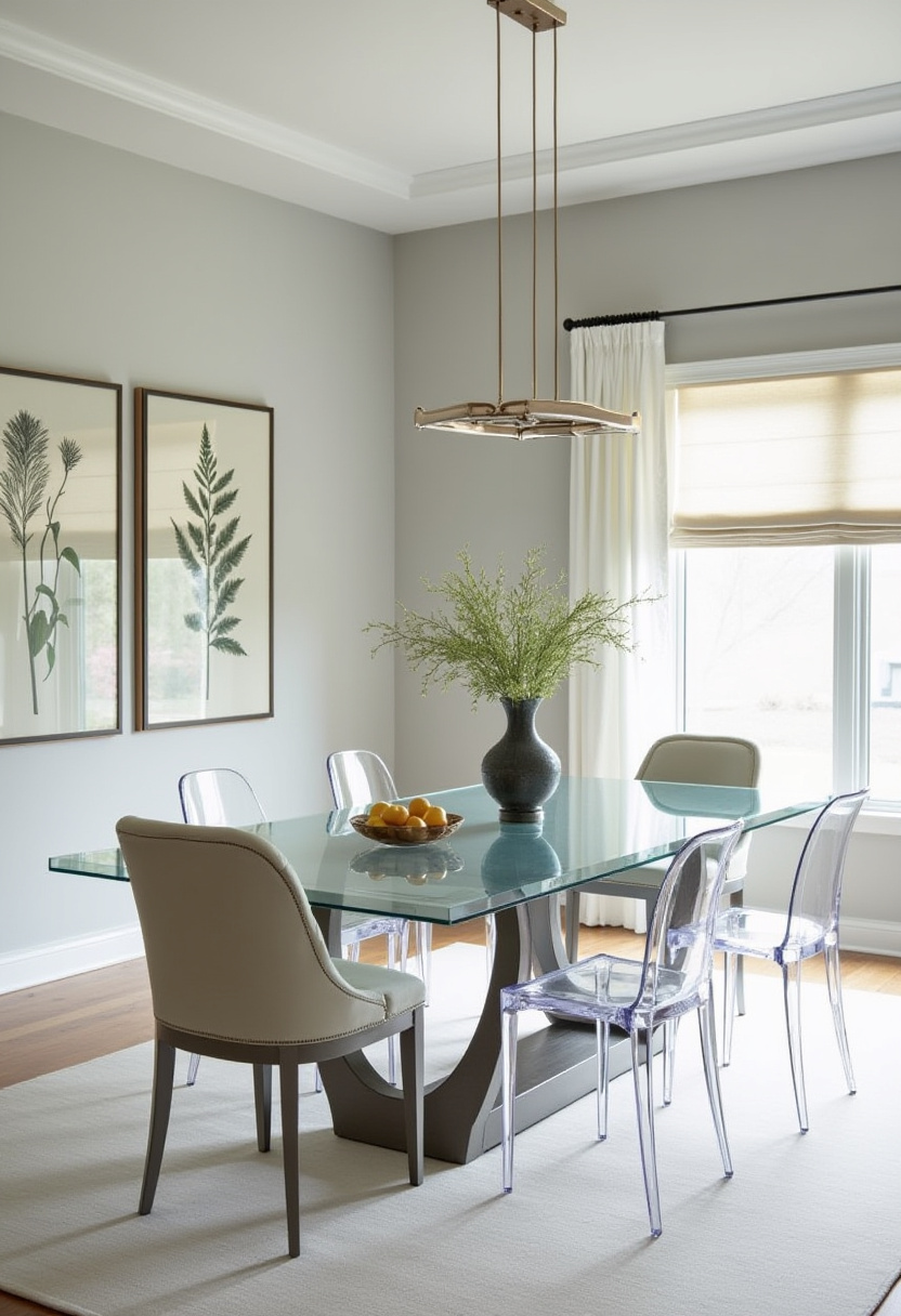 Blend sleek and soft with this modern dining room, featuring a glass table, transparent chairs, and neutral accents. Greenery and leaf prints add an organic touch. Pin for your modern minimalist mood board!
#moderndining #neutraltonehome #glassfurniture #moderninterior
